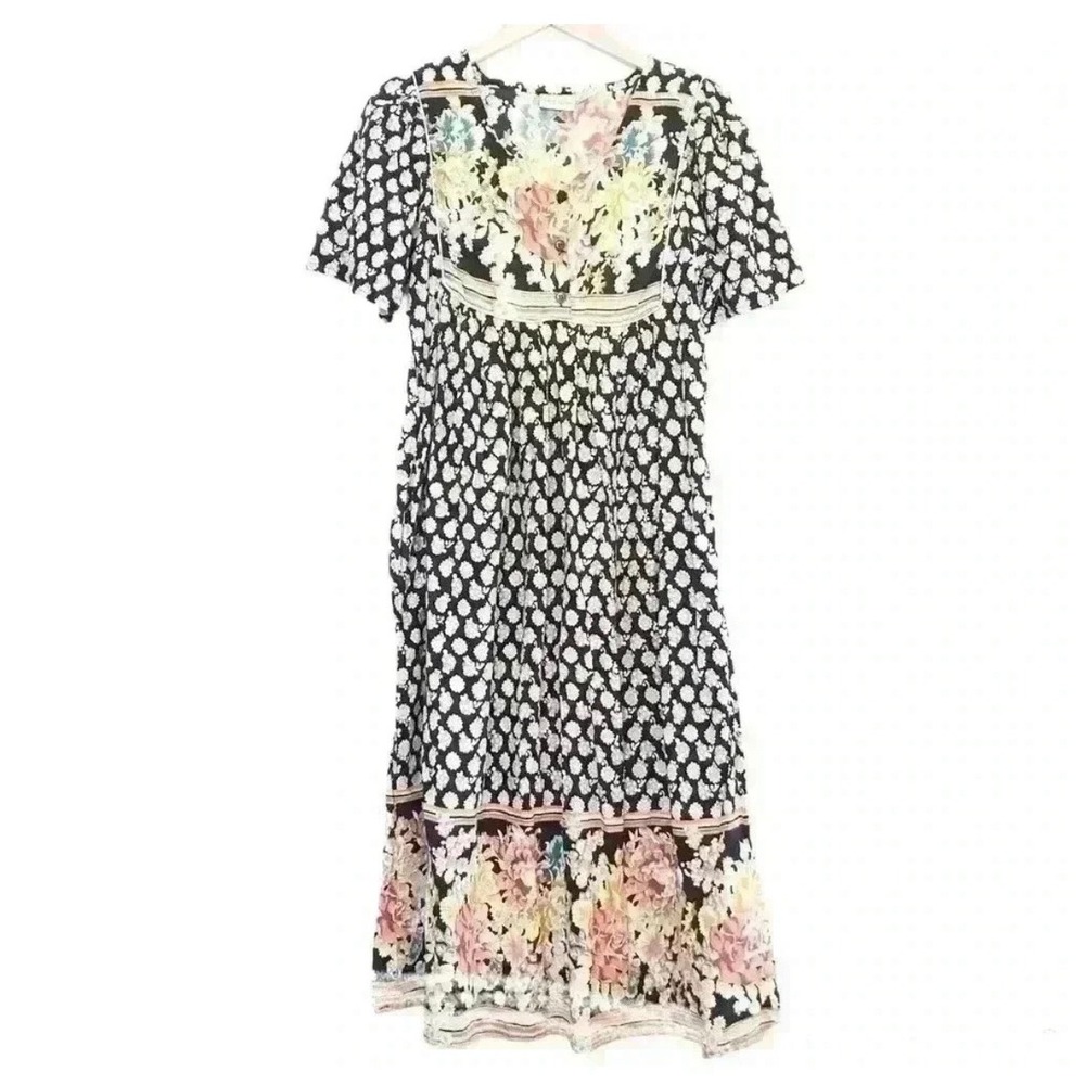 Vermont Country Store Floral Cottagecore Dress 1X Black Cotton Midi Pockets